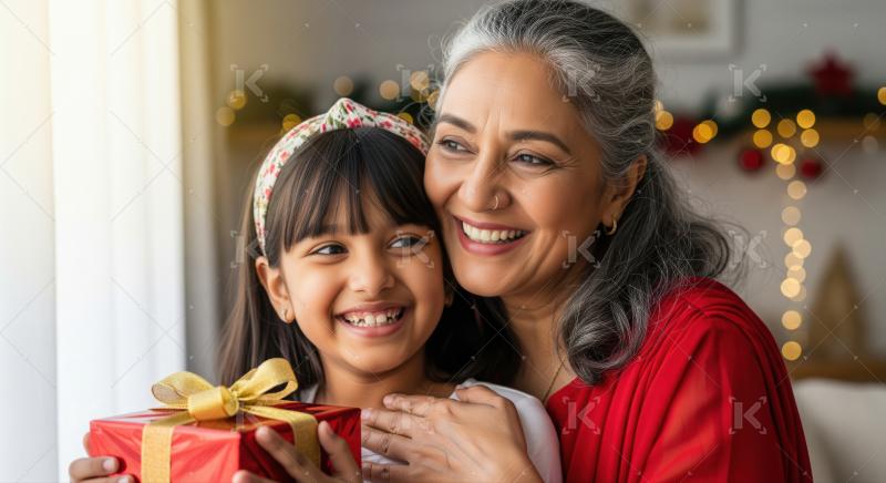 Loving Indian grandmother and granddaughter celebrate a special gift.
