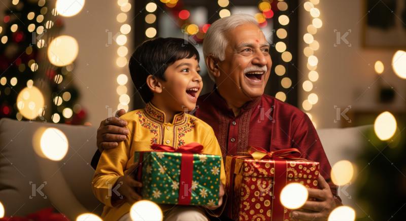 Happy Indian grandpa and boy celebrating a special moment together.