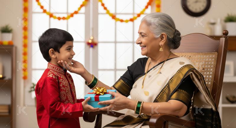 Happy moment: grandmother presenting a gift to her beloved grandson.
