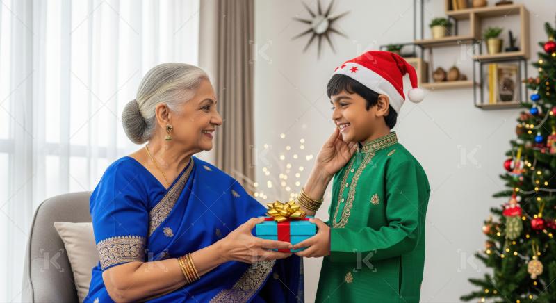 Heartwarming family Christmas celebration, grandmother giving gift to grandson.