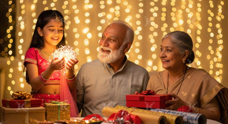 Happy Indian family celebrates festival, sharing joy and gifts.
