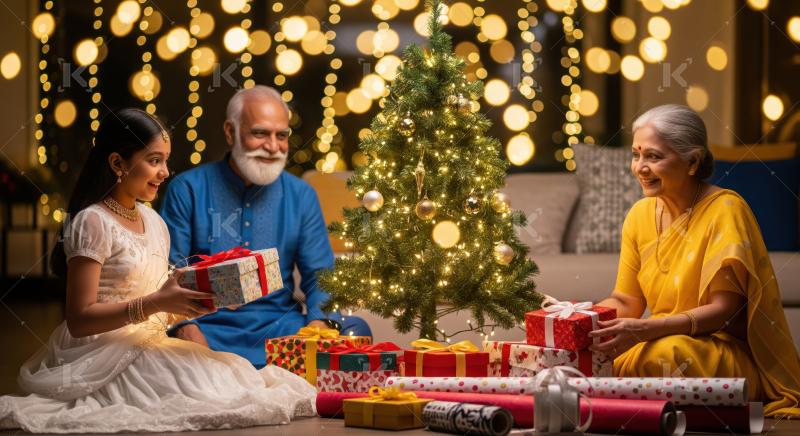 Happy Indian family enjoying festive moments, exchanging gifts and blessings.