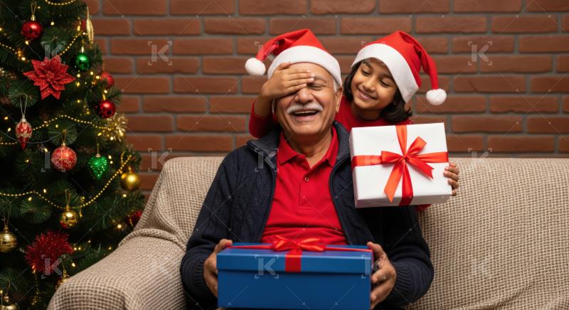 Grandfather and granddaughter share happy Christmas surprise, exchanging holiday gifts.