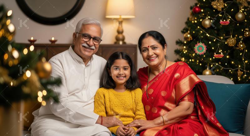 Joyful Indian family celebrating holidays together with warm smiles.