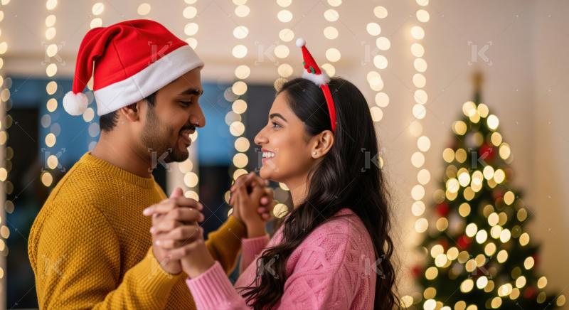 Happy couple enjoys festive Christmas evening, sharing warmth and joy.