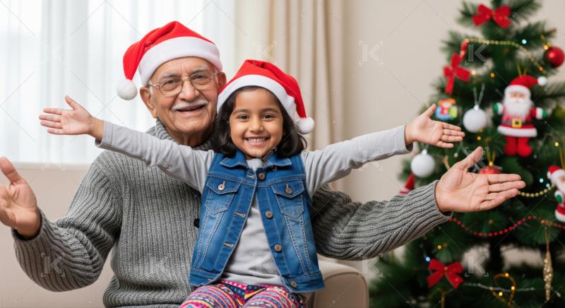 Happy grandfather granddaughter celebrate Christmas holidays, spreading festive joy.