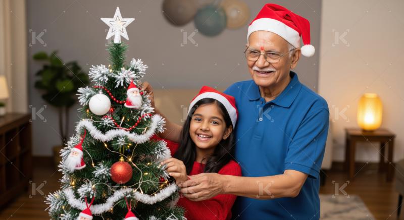 Joyful Indian family decorating festive Christmas tree celebrating holiday season.