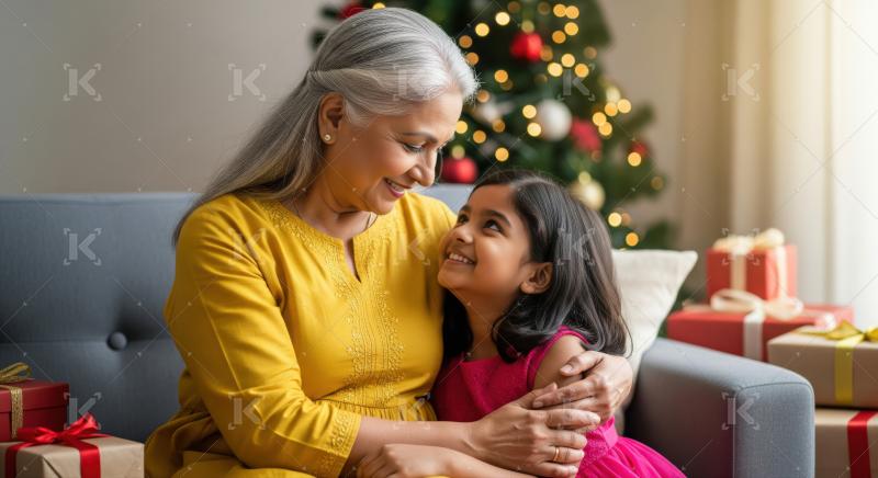 A loving grandmother and granddaughter share a joyful Christmas moment.