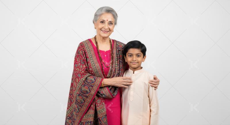 Happy Indian grandmother and grandson standing together smiling brightly.