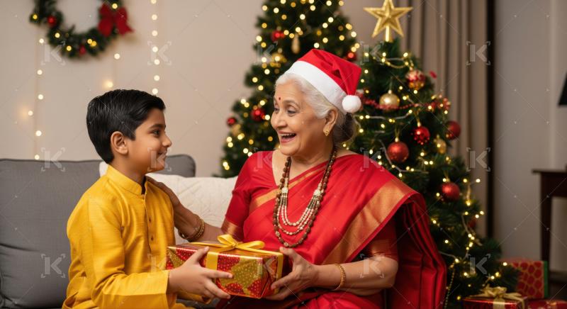 Multi-generational Indian family celebrates Christmas with a festive gift exchange.