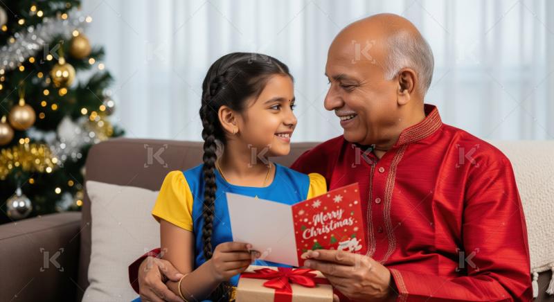Happy Indian grandfather and granddaughter celebrate Christmas joyfully together.
