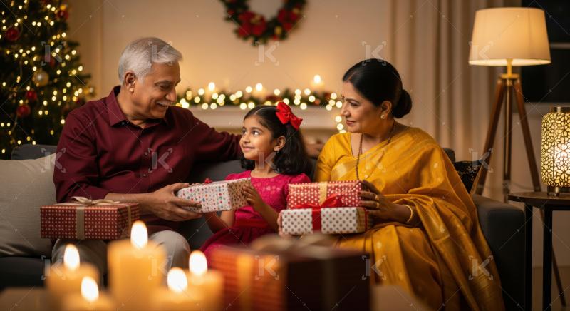 Indian family celebrating, sharing presents, creating beautiful memories at home
