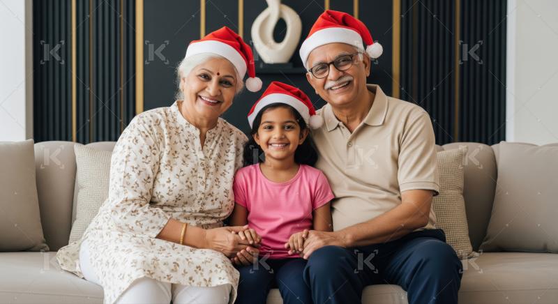 Grandparents and granddaughter smiling, wearing Santa hats, enjoying festivities together.