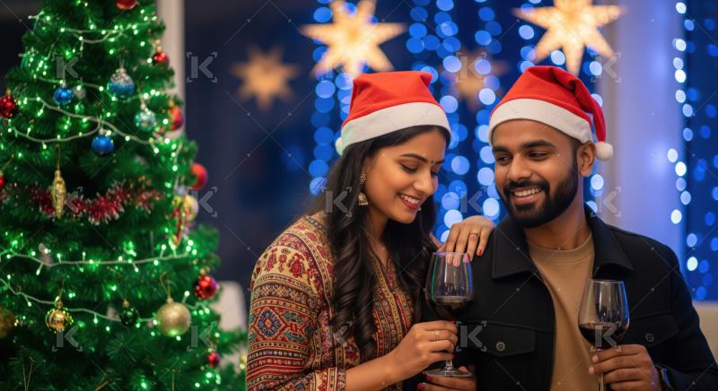 Happy Indian couple in Santa hats enjoying Christmas Eve.