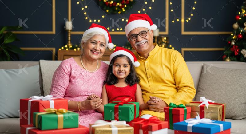 Happy Indian family celebrating Christmas with many colorful presents.