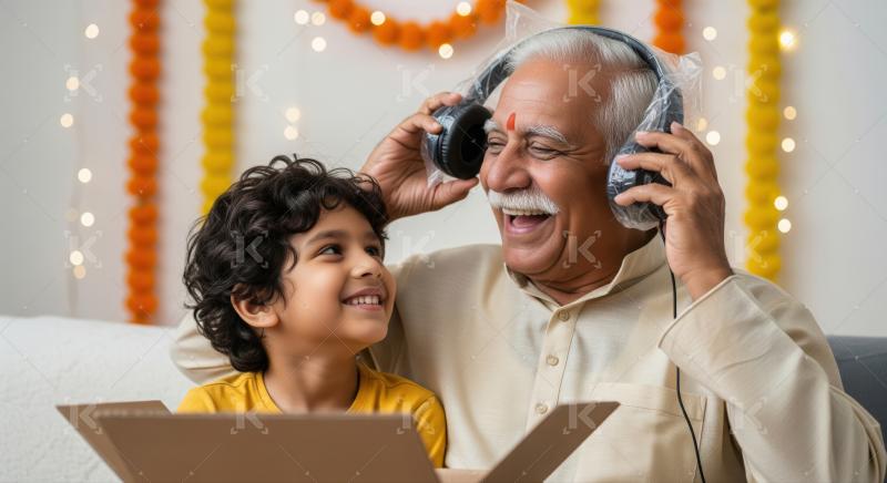 Joyful Indian grandfather and grandson unboxing new headphones together.