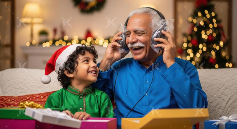 Happy grandfather and grandson bond over music during Christmas celebration.