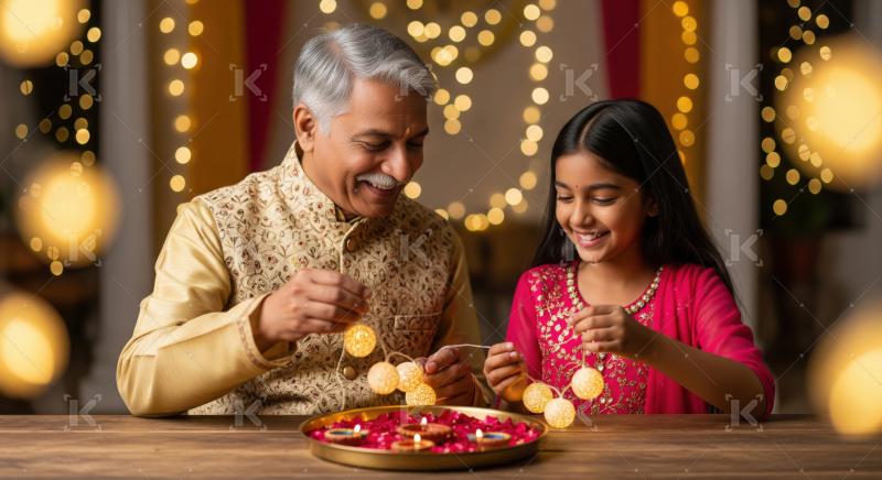 Happy Indian grandfather and granddaughter decorating traditional lights for festival.