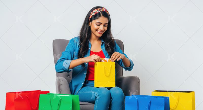 Joyful woman unboxing her colorful shopping haul happily indoors.