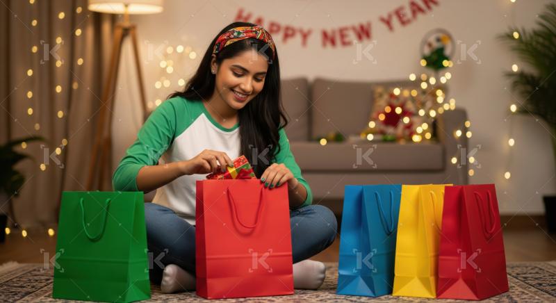 Happy Indian woman unwrapping colorful presents during festive season celebration.