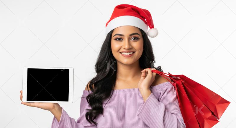 Smiling woman holds shopping bags and tablet during holiday season.