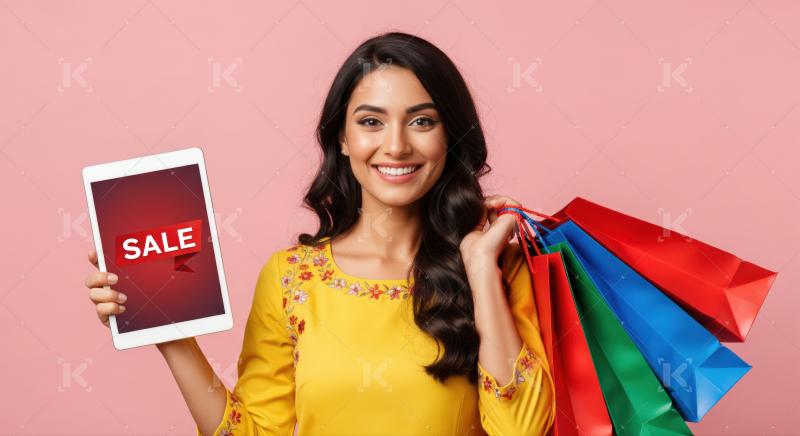 Smiling woman enjoys her online shopping experience and great sales.