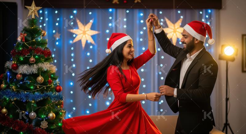 Happy Couple Dancing at Christmas Party in Santa Hats