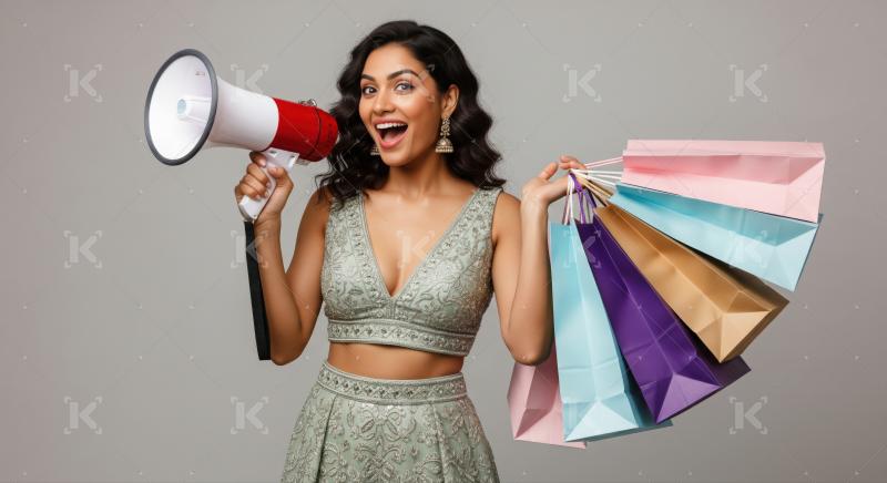 Excited Indian woman announces sales with megaphone and shopping bags.