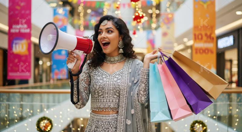 Joyful Indian woman promoting festive shopping deals in a vibrant mall.