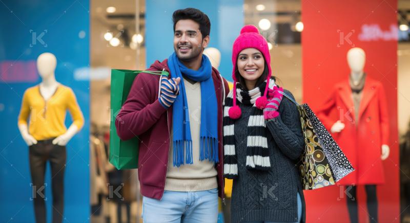 Smiling Indian couple enjoying winter shopping with bags outside store.