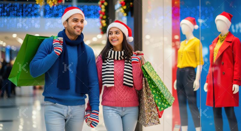 Cheerful Indian couple enjoying festive holiday shopping in a bright mall.