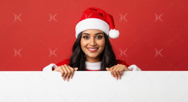 Cheerful woman in Santa hat displays blank white sign for text.