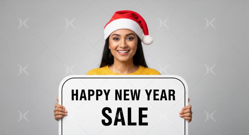 Cheerful woman in Santa hat advertising a festive New Year sale.