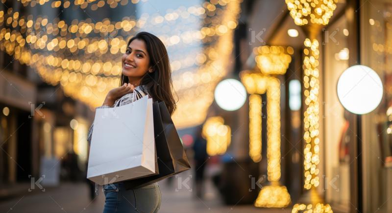 Happy Indian woman smiles, holding shopping bags on illuminated street.