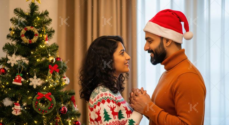 Happy Indian couple enjoys a romantic and festive Christmas season.