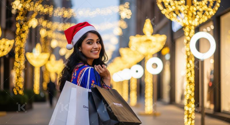 Happy woman enjoying holiday shopping with bags on festive street.