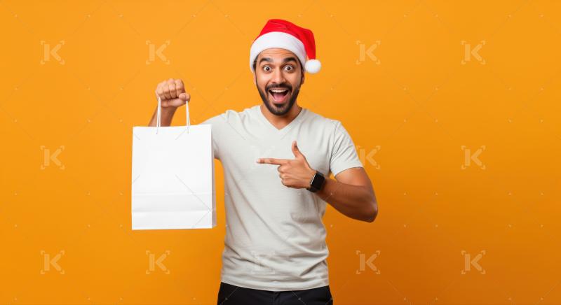 Excited man wearing Santa hat presents a white shopping bag.