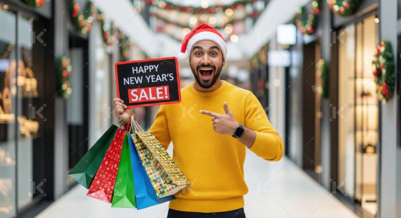 Joyful man advertises New Year's shopping sale with bags.