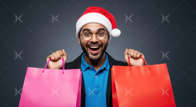Excited man in Santa hat holding colorful shopping bags.
