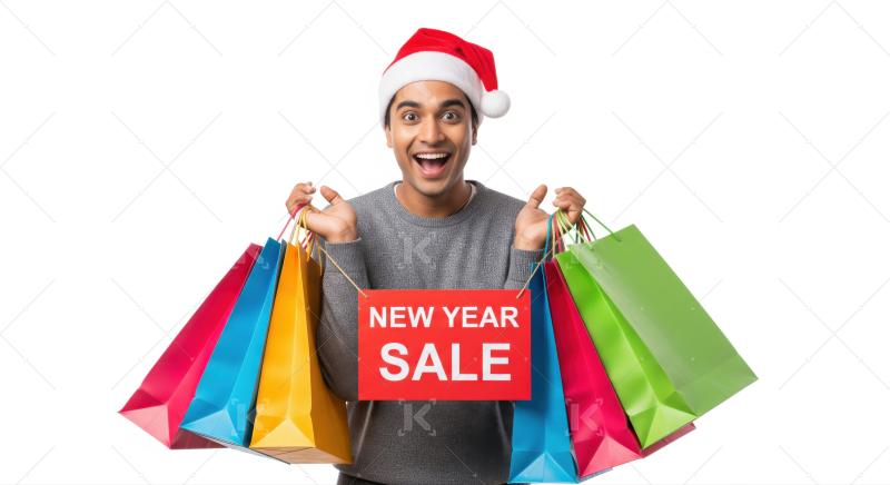 Excited man holds shopping bags, ready for New Year sales.