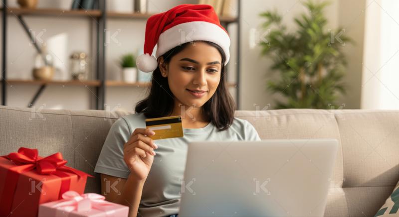 Happy woman buying Christmas gifts online with her credit card.