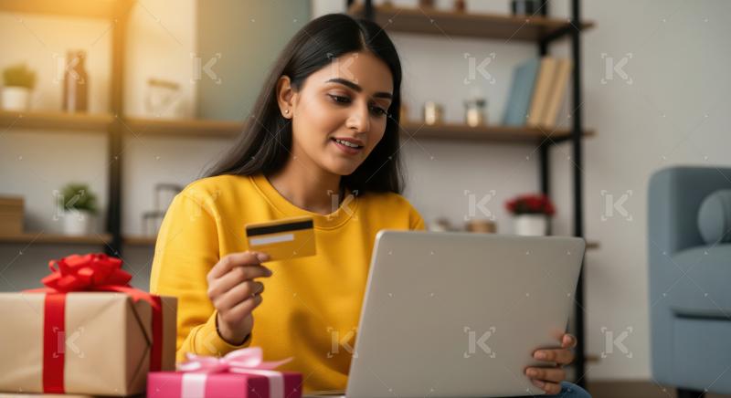 Happy woman enjoying online shopping, using credit card and laptop.
