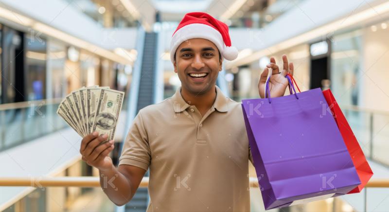 Enthusiastic man enjoying holiday shopping with money and gifts.