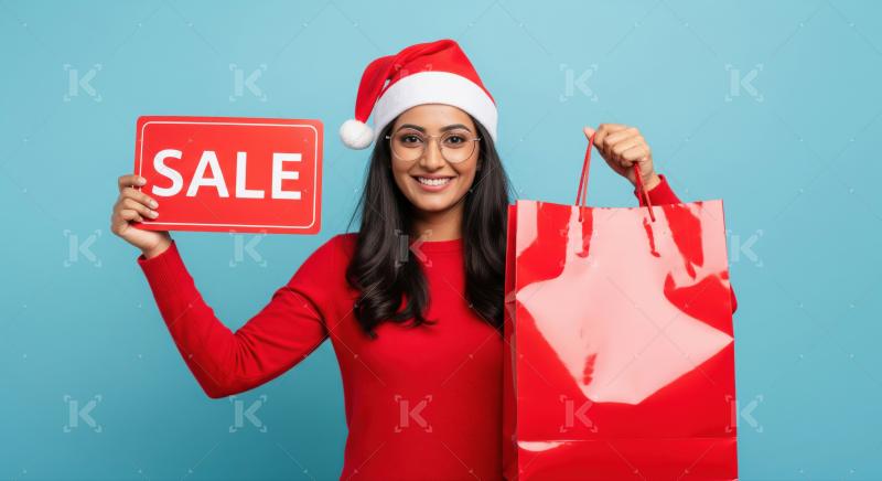 Joyful woman ready for holiday shopping with sale and gift.
