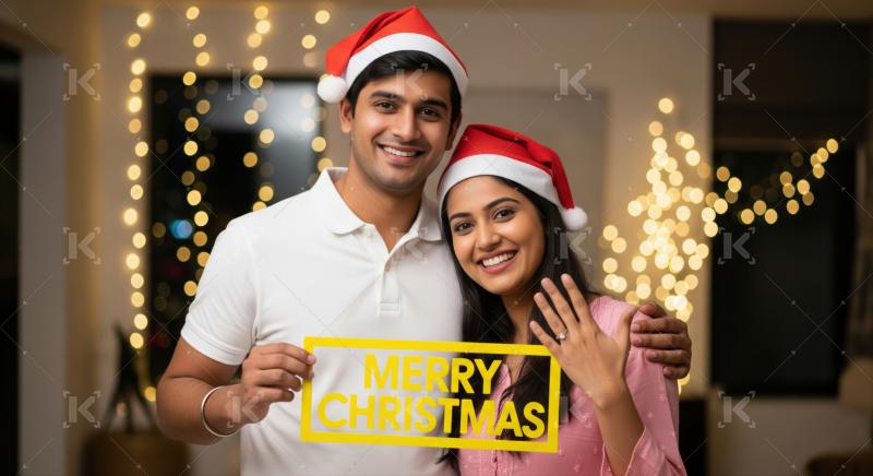 Smiling couple celebrating Christmas and engagement with festive holiday spirit.
