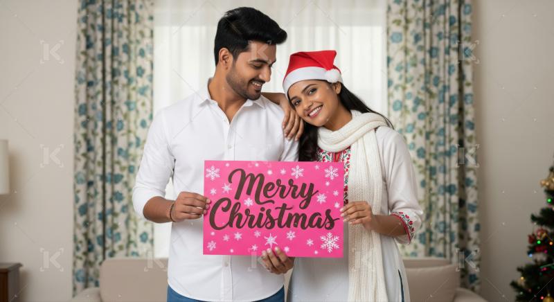 Happy Indian couple celebrating Christmas holding a festive sign indoors.