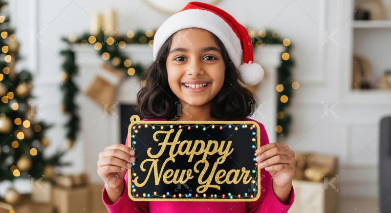 Smiling girl in a Santa hat holds a glittery New Year sign.