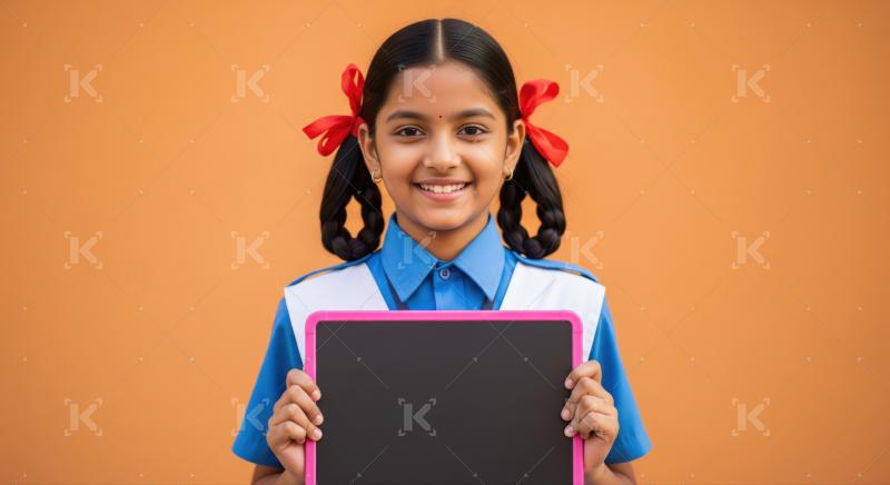 Cheerful young student proudly displays an empty chalkboard for text.