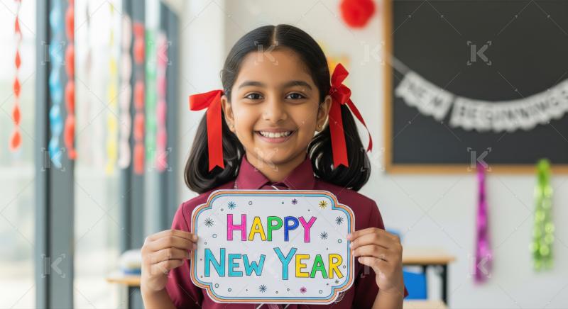 Cheerful Indian schoolgirl holding a "Happy New Year" sign.