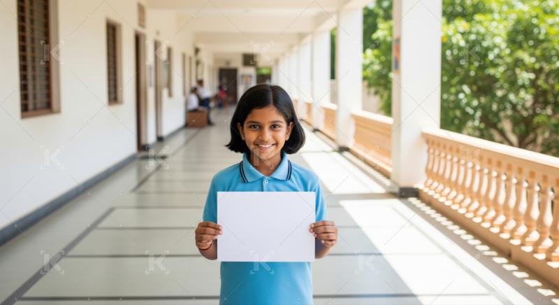 A happy Indian schoolgirl holding a blank white sign.